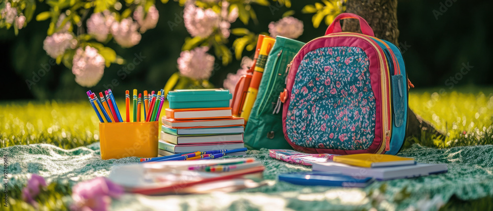 Naklejka premium Back to School Essentials, An assortment of bright school items spread across a soft green picnic blanket. Crayons, a fresh lunchbox, and a stack of textbooks invite excitement for