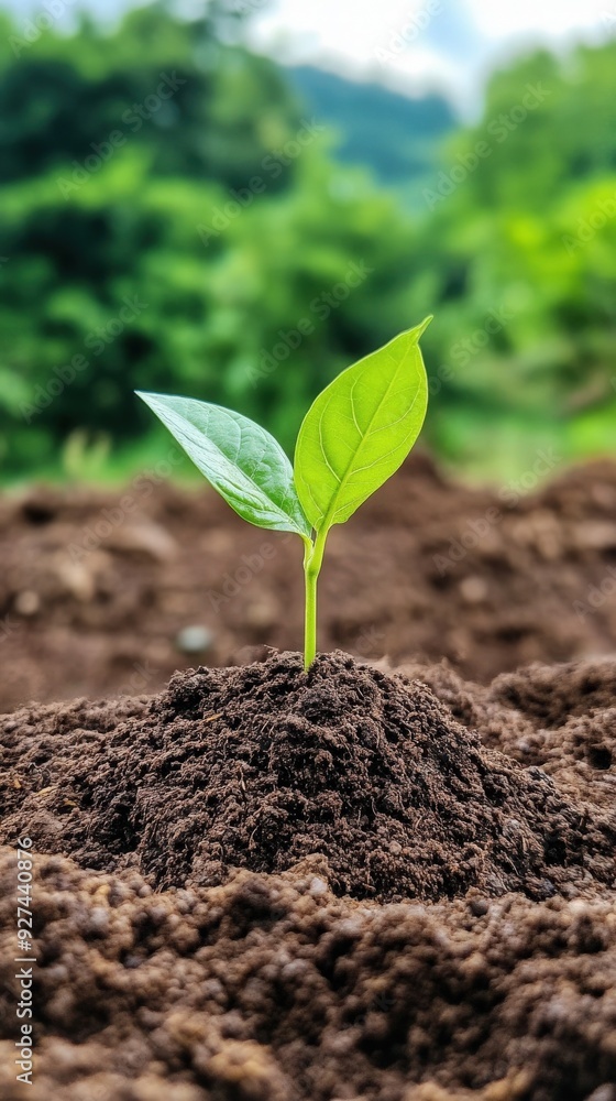 Fototapeta premium A vibrant green sprout emerging from rich soil, symbolizing growth and renewal in nature's beautiful environment.