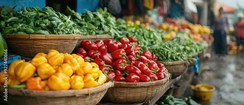 vegetable market scene,  A colorful vegetable market scene on a farmers' market day. Bright bell peppers, leafy greens, and baskets of fresh fruits fill the stalls, as local