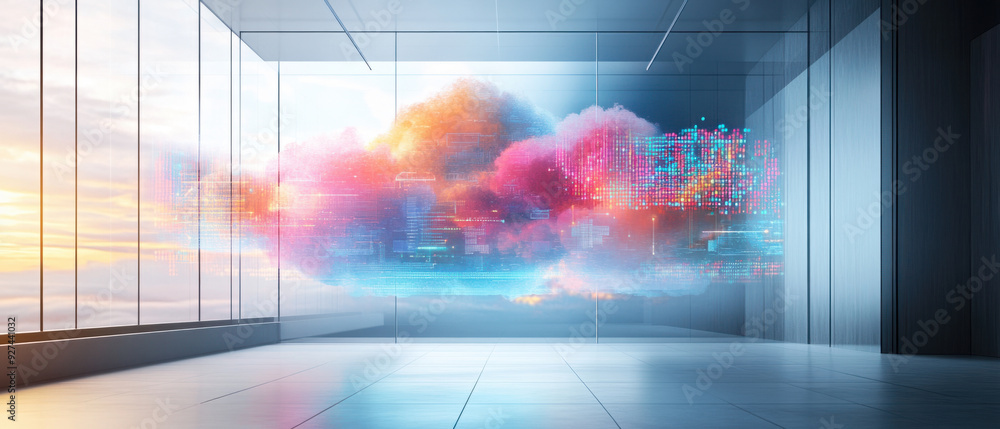 Naklejka premium Cloud API integration, A futuristic hologram illustrating cloud API integration, situated in a minimalistic workspace, featuring colorful data clouds and flow patterns vividly