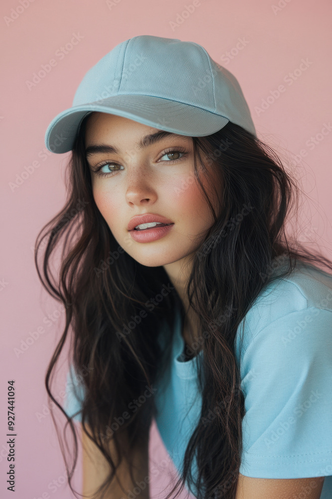 Baseball cap mockup, Female model radiates confidence in a chic baseball cap, positioned in front of a soothing pastel backdrop. She leans slightly, showcasing the cap while Baseball cap mockup, Female model radiates confidence in a chic baseball cap, positioned in front of a soothing pastel backdrop. She leans slightly, showcasing the cap while