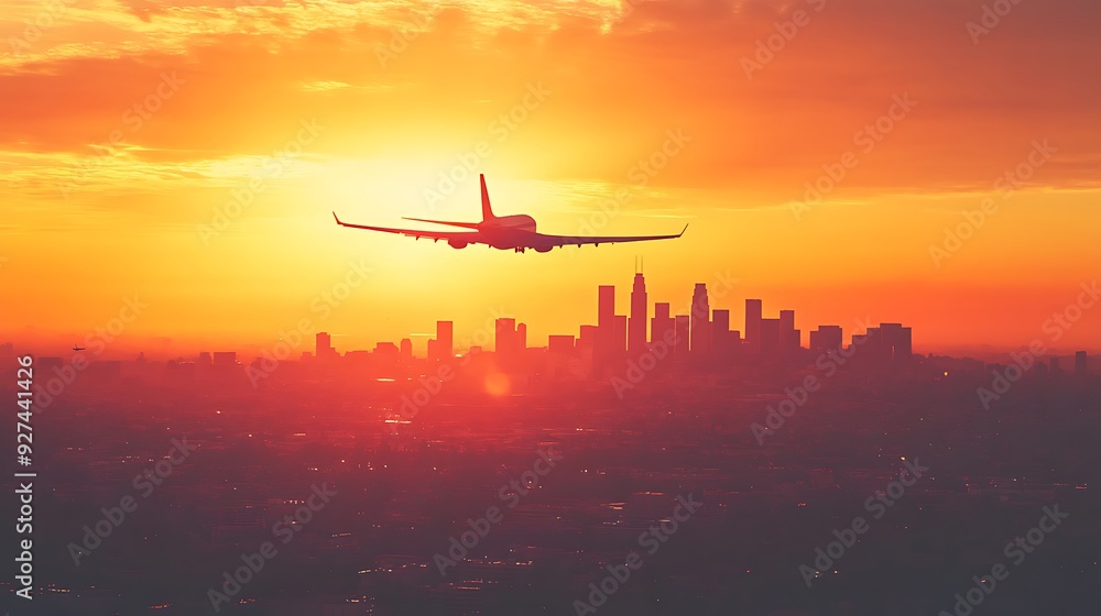 jet plane flying across a vibrant sunset sky with the city skyline silhouetted against the warm, golden hues. The scene captures the contrast between the illuminated cityscape and the fading sunlight jet plane flying across a vibrant sunset sky with the city skyline silhouetted against the warm, golden hues. The scene captures the contrast between the illuminated cityscape and the fading sunlight