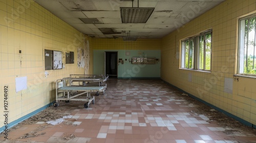 Abandoned hospital hallway with tiled floors and two gurneys. photo