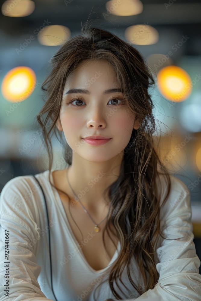 Obraz premium Young Chinese female teacher sitting at her desk, grading papers, with a smile