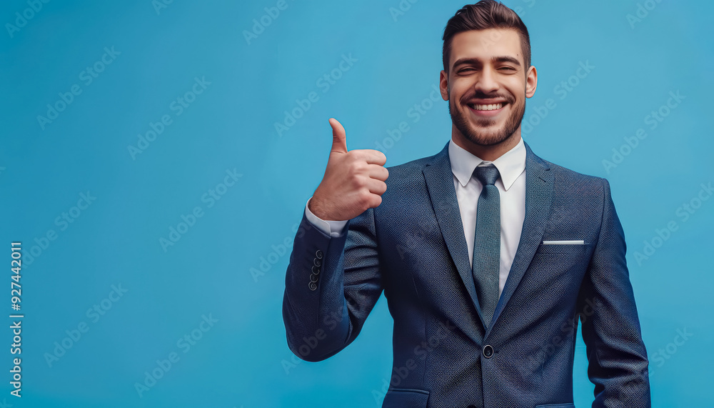 A man in a suit and tie is giving a thumbs up. Concept of confidence and positivity A man in a suit and tie is giving a thumbs up. Concept of confidence and positivity