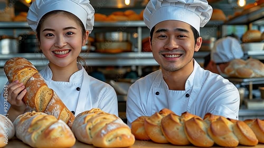 A happy couple of Asian professional cooks are preparing breakfast in the kitchen while sporting a white uniform, cap, and baguette. A happy couple of Asian professional cooks are preparing breakfast in the kitchen while sporting a white uniform, cap, and baguette.