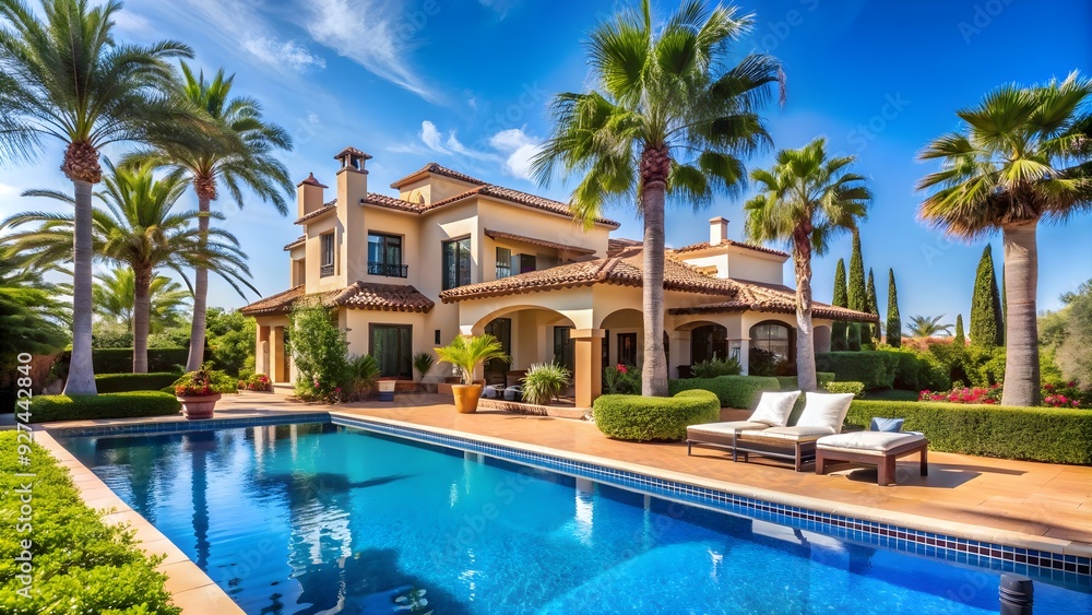 Beautiful Spanish villa with pool and palm trees under a sunny blue sky, luxury house in a tropical paradise setting Beautiful Spanish villa with pool and palm trees under a sunny blue sky, luxury house in a tropical paradise setting
