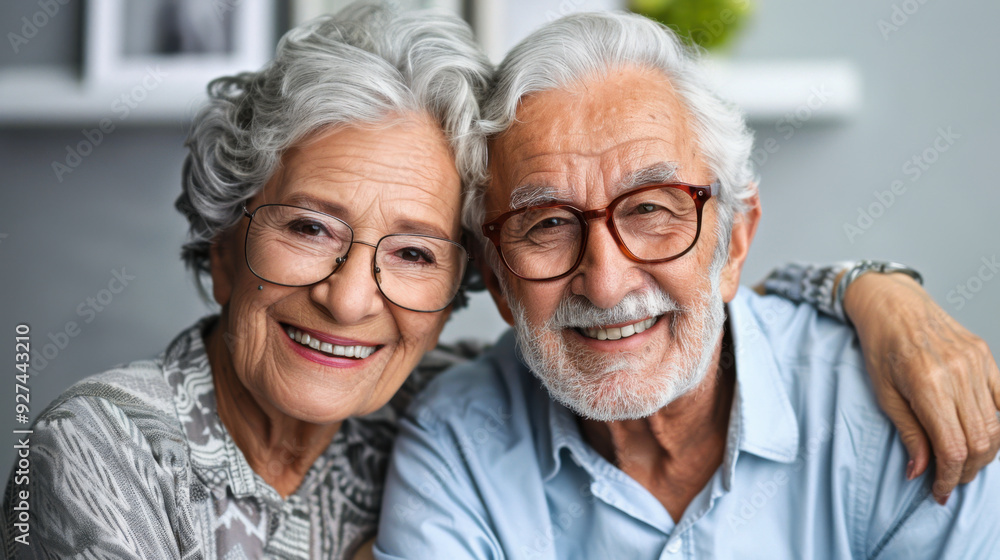 Cheerful senior couple smiling warmly at the camera, indoors, highlighting joy, togetherness, and the beauty of aging gracefully. Cheerful senior couple smiling warmly at the camera, indoors, highlighting joy, togetherness, and the beauty of aging gracefully.