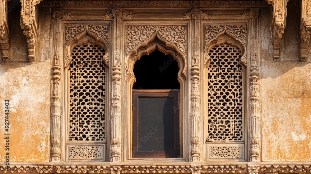 Obraz premium A detailed close-up of the intricate jali work on an Indian palace window, showcasing traditional craftsmanship
