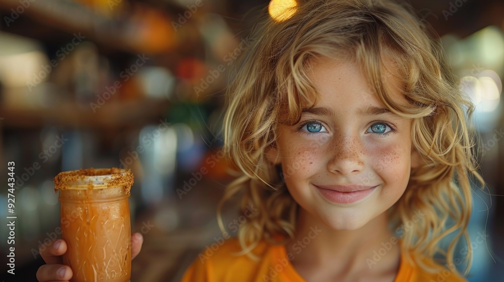 Fototapeta premium Young boy blogger promoting healthy lifestyle tips, holding a smoothie, fresh and vibrant atmosphere