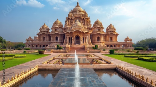 Elegant Akshardham Temple with its intricate carvings and beautifully landscaped gardens photo