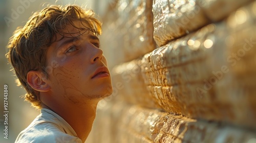 Young man deep in thought and prayer at the Western Wall  on Yom Kippur, connecting spiritually at the holiest site in Jerusalem photo