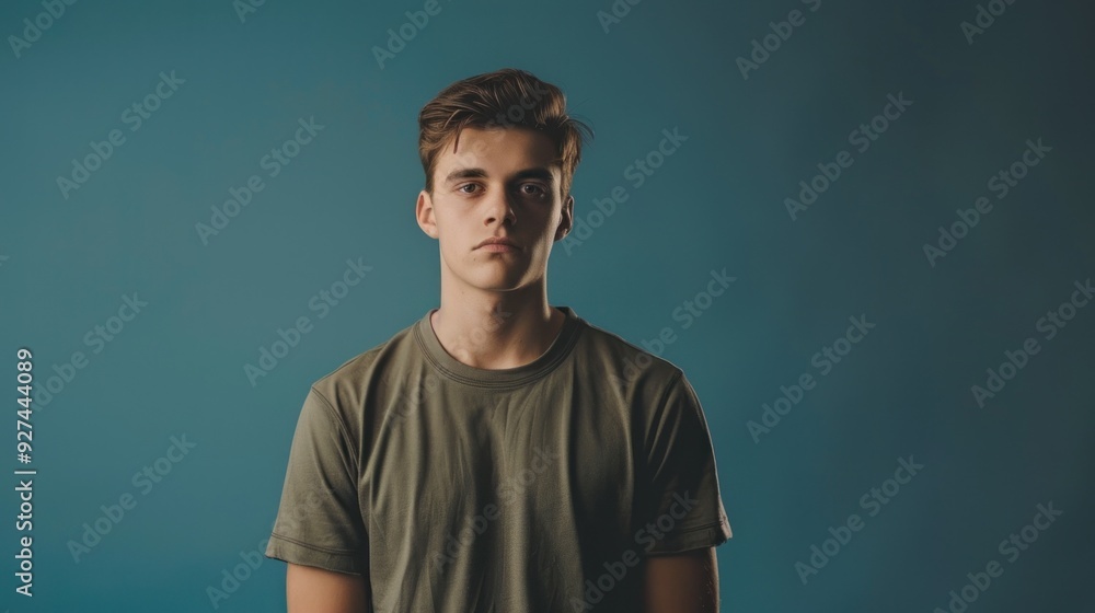 Fototapeta premium Young man expressing gratitude standing against a solid studio background