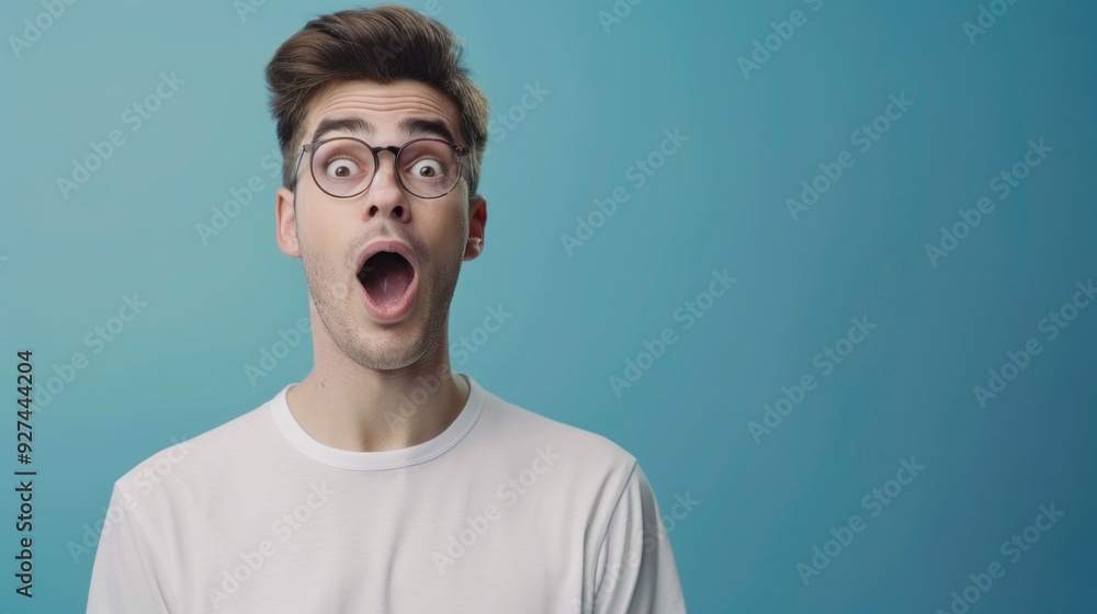 Young man showing amazement standing against a solid studio background Young man showing amazement standing against a solid studio background