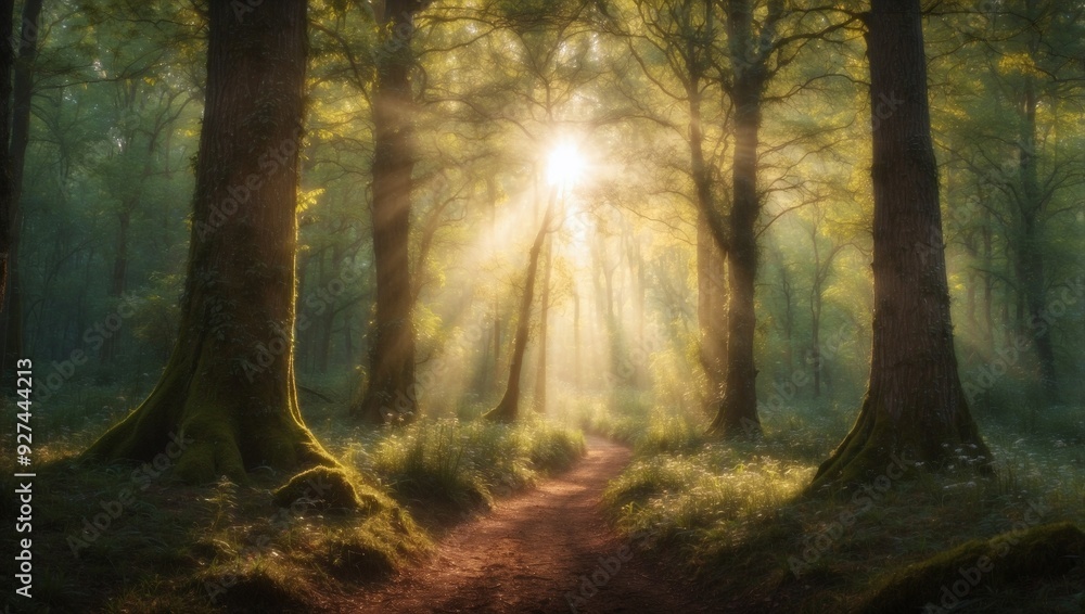 Obraz premium A path in the woods with the sun shining through the trees. 