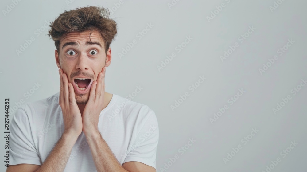 Young man expressing surprise with hands on cheeks standing against a solid studio background Young man expressing surprise with hands on cheeks standing against a solid studio background