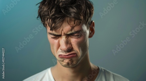 Young man showing disgust with wrinkled nose standing against a solid studio background