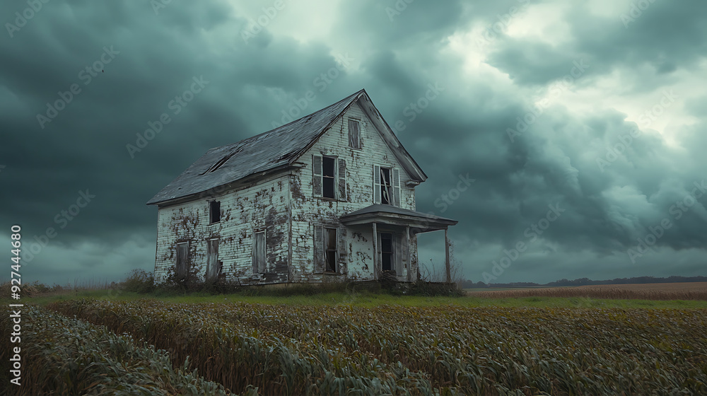 a foreboding old farmhouse with cracked paint and broken shutters, set against a stormy sky, evoking a ghostly vibe a foreboding old farmhouse with cracked paint and broken shutters, set against a stormy sky, evoking a ghostly vibe