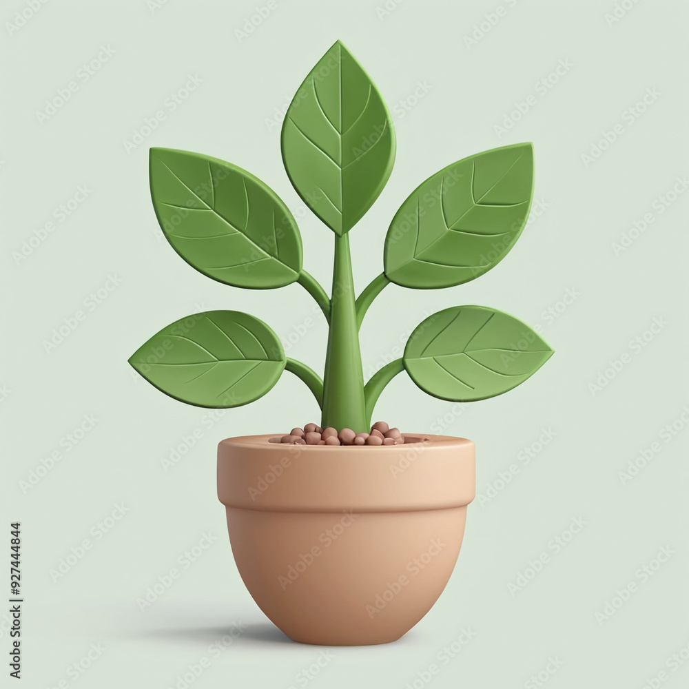 simple 3D leaf plant in simple pot or vase, isolated in light pastel green background simple 3D leaf plant in simple pot or vase, isolated in light pastel green background