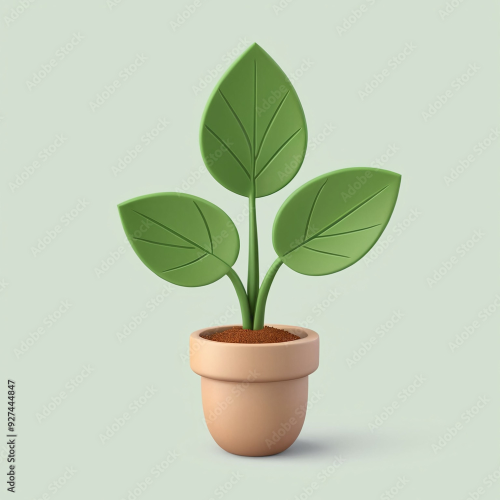 simple 3D leaf plant in simple pot or vase, isolated in light pastel green background