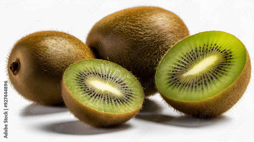 Fototapeta premium three Kiwi fruits and two slice isolated on white background