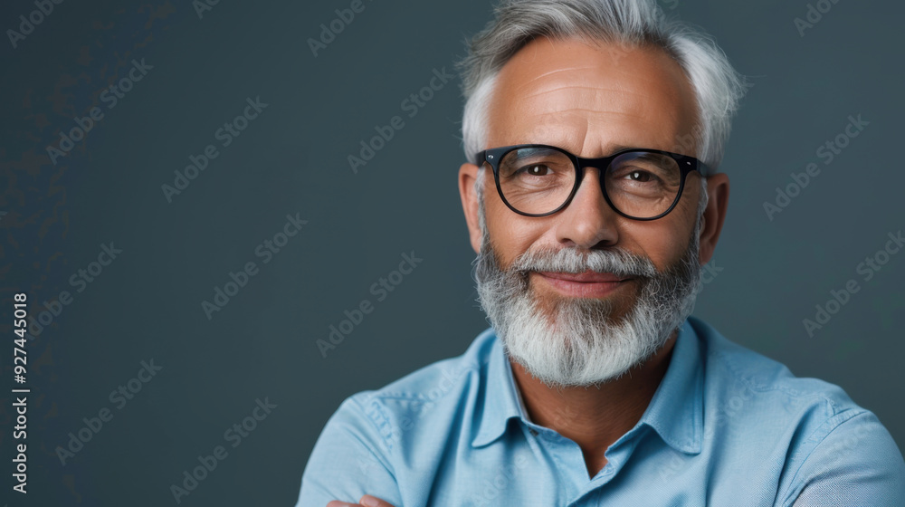 Portrait of a confident, smiling older man with gray hair, beard, and glasses, wearing a light blue shirt against a gray background. Portrait of a confident, smiling older man with gray hair, beard, and glasses, wearing a light blue shirt against a gray background.