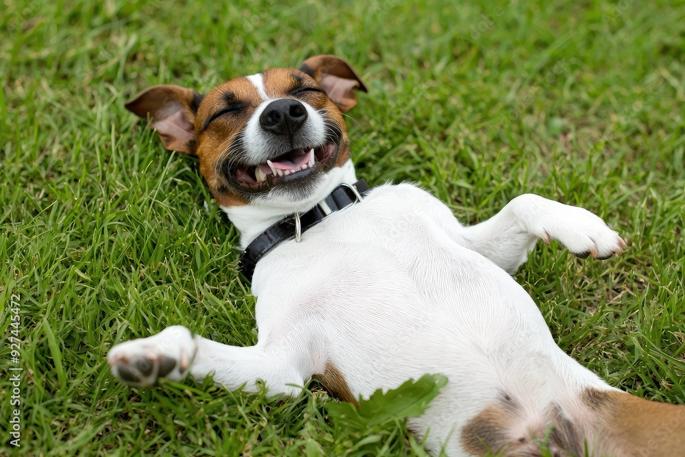A happy dog lying on the grass, enjoying a sunny day, with a joyful expression and playful demeanor. A happy dog lying on the grass, enjoying a sunny day, with a joyful expression and playful demeanor.
