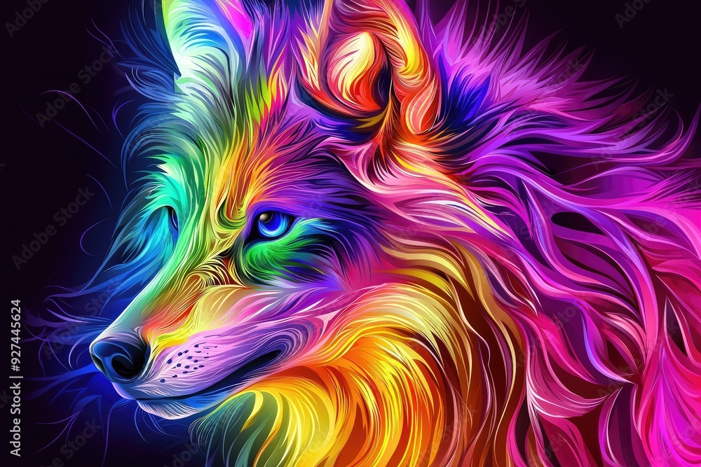 A vibrant and artistic depiction of a wolf, showcasing a colorful and abstract fur pattern against a dark backdrop. A vibrant and artistic depiction of a wolf, showcasing a colorful and abstract fur pattern against a dark backdrop.