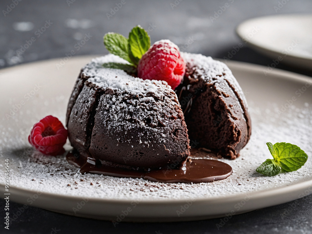 A decadent chocolate lava cake on a white plate, with molten chocolate oozing out of the center, dusted with powdered sugar, and garnished with fresh raspberries and a mint leaf. A decadent chocolate lava cake on a white plate, with molten chocolate oozing out of the center, dusted with powdered sugar, and garnished with fresh raspberries and a mint leaf.