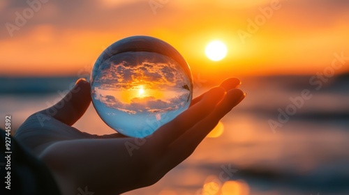 Hand Holding Crystal Ball Reflecting Sunset Over Sea