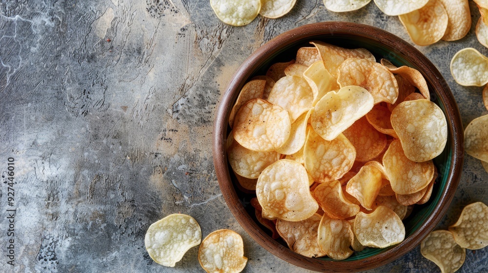 Top view of a bowl filled with crispy potato chips on a textured gray background. Perfect snack for any occasion. Top view of a bowl filled with crispy potato chips on a textured gray background. Perfect snack for any occasion.