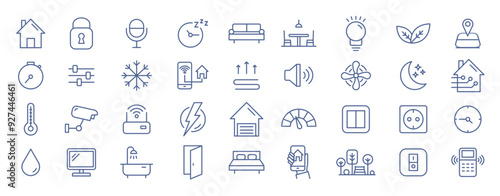 Collection of smart house linear icons - control of lighting, heating, air conditioning. Set of home automation and remote monitoring symbols drawn with thin contour lines. Vector illustration