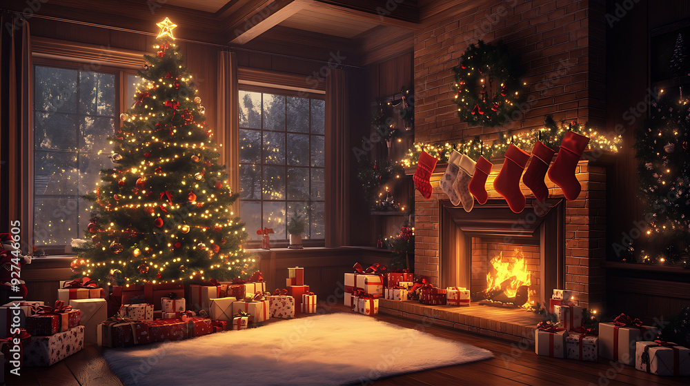 A cozy living room decorated for Christmas, with a beautifully lit tree in the corner, stockings hanging over a crackling fireplace and wrapped gifts underneath the tree A cozy living room decorated for Christmas, with a beautifully lit tree in the corner, stockings hanging over a crackling fireplace and wrapped gifts underneath the tree