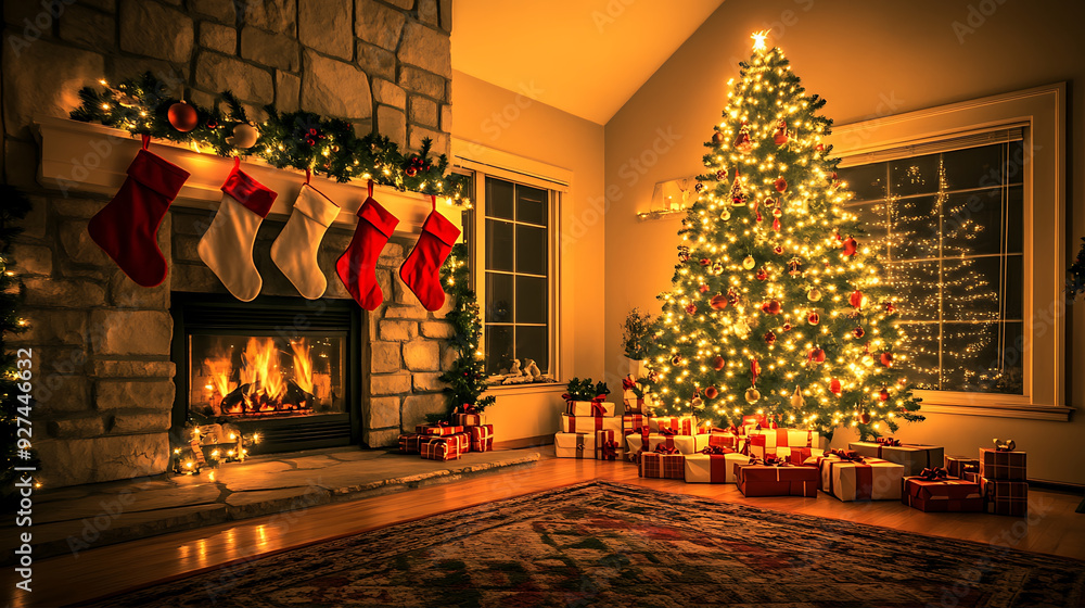 A cozy living room decorated for Christmas, with a beautifully lit tree in the corner, stockings hanging over a crackling fireplace and wrapped gifts underneath the tree A cozy living room decorated for Christmas, with a beautifully lit tree in the corner, stockings hanging over a crackling fireplace and wrapped gifts underneath the tree