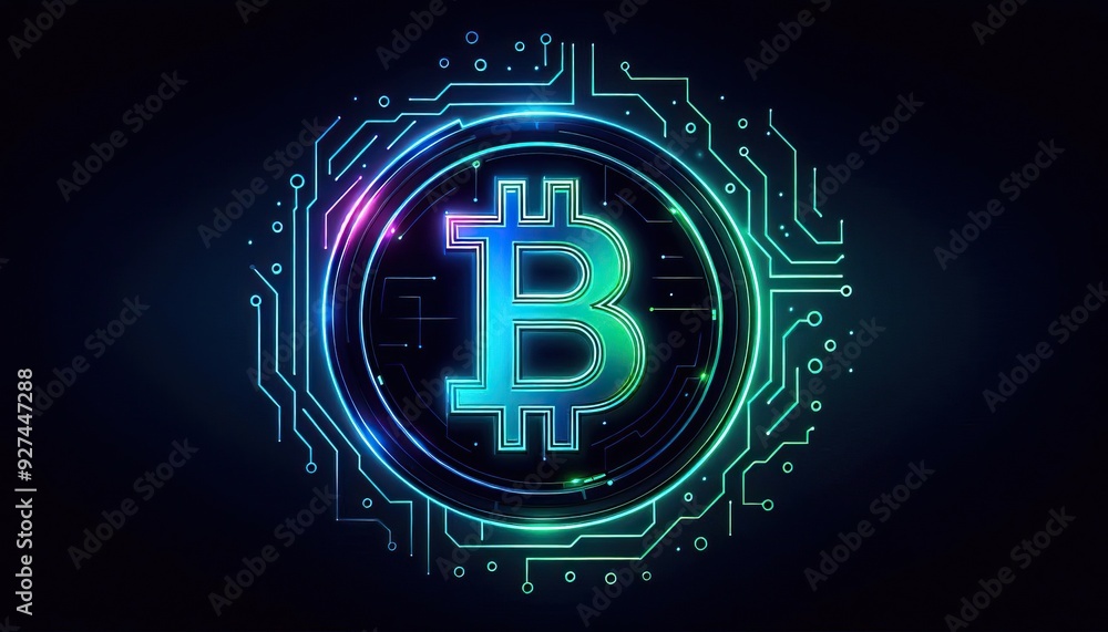  Bitcoin symbol in a futuristic geometric design with vibrant neon lights representing the advancement of digital currency and blockchain technology