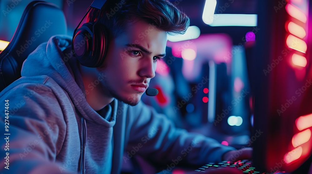 professional esports player in a high-tech gaming studio, wearing team gear, focused on a competitive online game, surrounded by LED lights and advanced gaming equipment professional esports player in a high-tech gaming studio, wearing team gear, focused on a competitive online game, surrounded by LED lights and advanced gaming equipment
