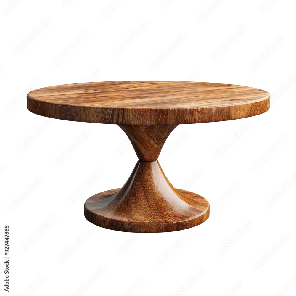 A wooden table with a round top and a tall, thin base A wooden table with a round top and a tall, thin base