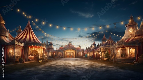 A brightly lit circus tent stands out against the night sky.