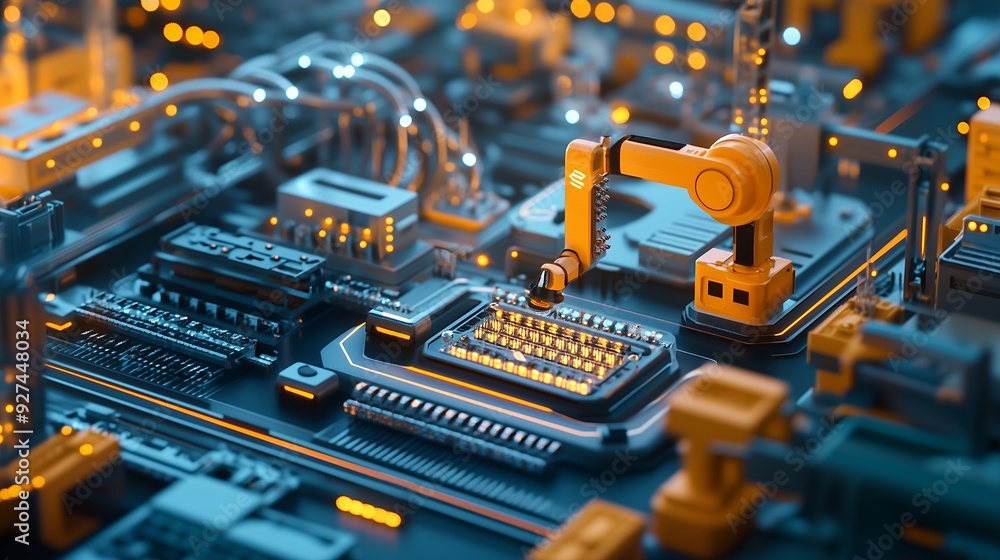 Close-up of an orange robotic arm reaching towards a glowing circuit board. Close-up of an orange robotic arm reaching towards a glowing circuit board.