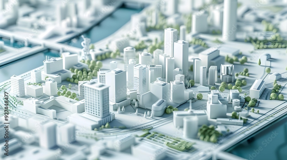 3D model of school buildings, Base Station, roads and water in white color on the background. The modern city has many highly detailed skyscrapers, greenery around 3D model of school buildings, Base Station, roads and water in white color on the background. The modern city has many highly detailed skyscrapers, greenery around