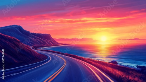 car driving on beautiful road in colorful sunset landscape in summer. Nature scenery on coastline highway. Europe travel trip in sea coast road landscape. summer vacation journey on road at the b