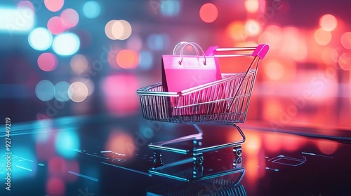 A futuristic shopping cart holding a pink bag on a digital interface with vibrant neon lighting, representing modern digital retail and e-commerce.