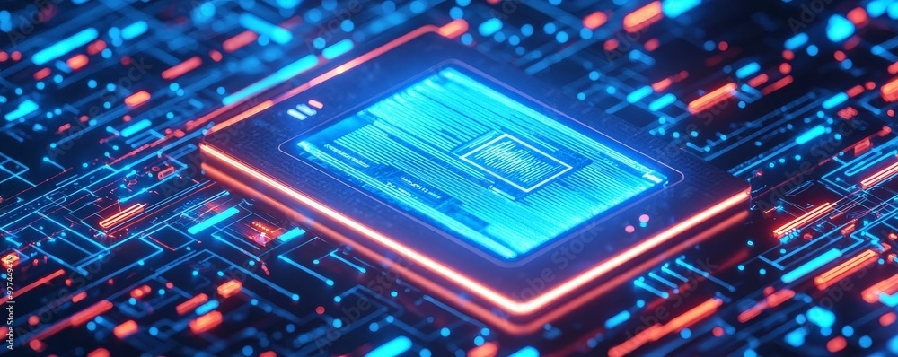 A futuristic microchip with a glowing digital display is embedded on a circuit board, surrounded by blue and red elements, symbolizing advanced technology and data processing. A futuristic microchip with a glowing digital display is embedded on a circuit board, surrounded by blue and red elements, symbolizing advanced technology and data processing.