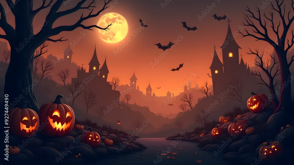 A spooky Halloween scene with a haunted house, jack-o'-lanterns, bats, and a large glowing full moon A spooky Halloween scene with a haunted house, jack-o'-lanterns, bats, and a large glowing full moon