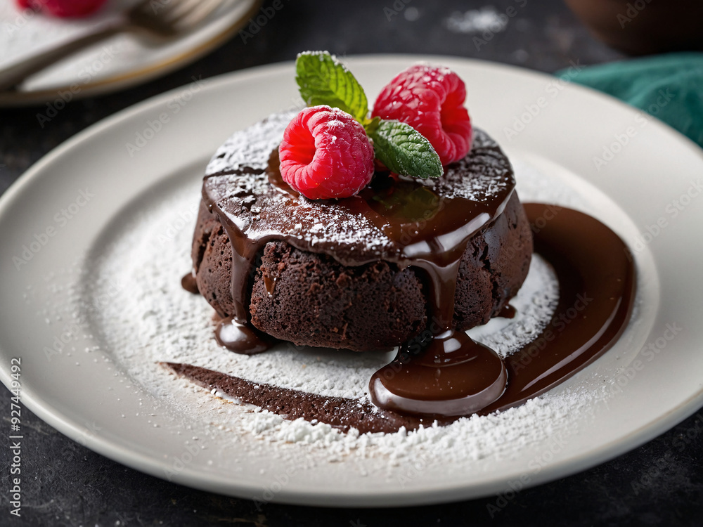 A decadent chocolate lava cake on a white plate, with molten chocolate oozing out of the center, dusted with powdered sugar, and garnished with fresh raspberries and a mint leaf. A decadent chocolate lava cake on a white plate, with molten chocolate oozing out of the center, dusted with powdered sugar, and garnished with fresh raspberries and a mint leaf.