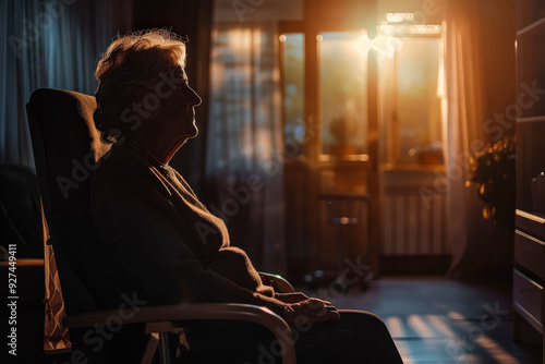 A woman is sitting in a chair in a dimly lit room. She is looking out the window, and the room is filled with shadows. Scene is quiet and contemplative