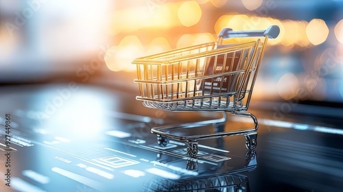 A close-up of a miniature shopping cart placed on a digital touchscreen, symbolizing online retail and e-commerce in a modern, high-tech setting.