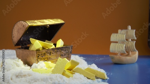 Pirate ship, thwarted sailing yacht sailing near treasure island. A gold bar filled treasure chest that brings luck and wealth. Found in a game form with a miniature boat.