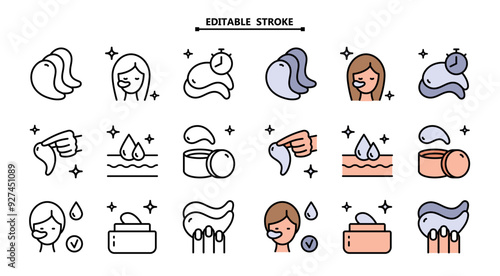 Eye gel patches color icons set. Editable stroke. Simple illustrations of eye mask. Flat isolated vector signs set on white. Trend care products