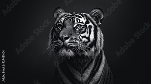 Monochrome black and white photo of a single tiger set against a dark backdrop emphasizing its fierce expression and stripes photo